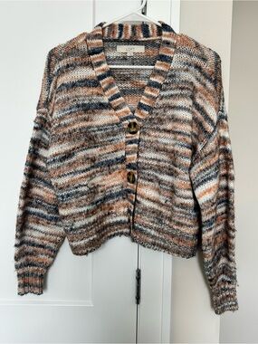 LOFT Striped Knit Button-Front Sweater Cardigan in Multi-Color